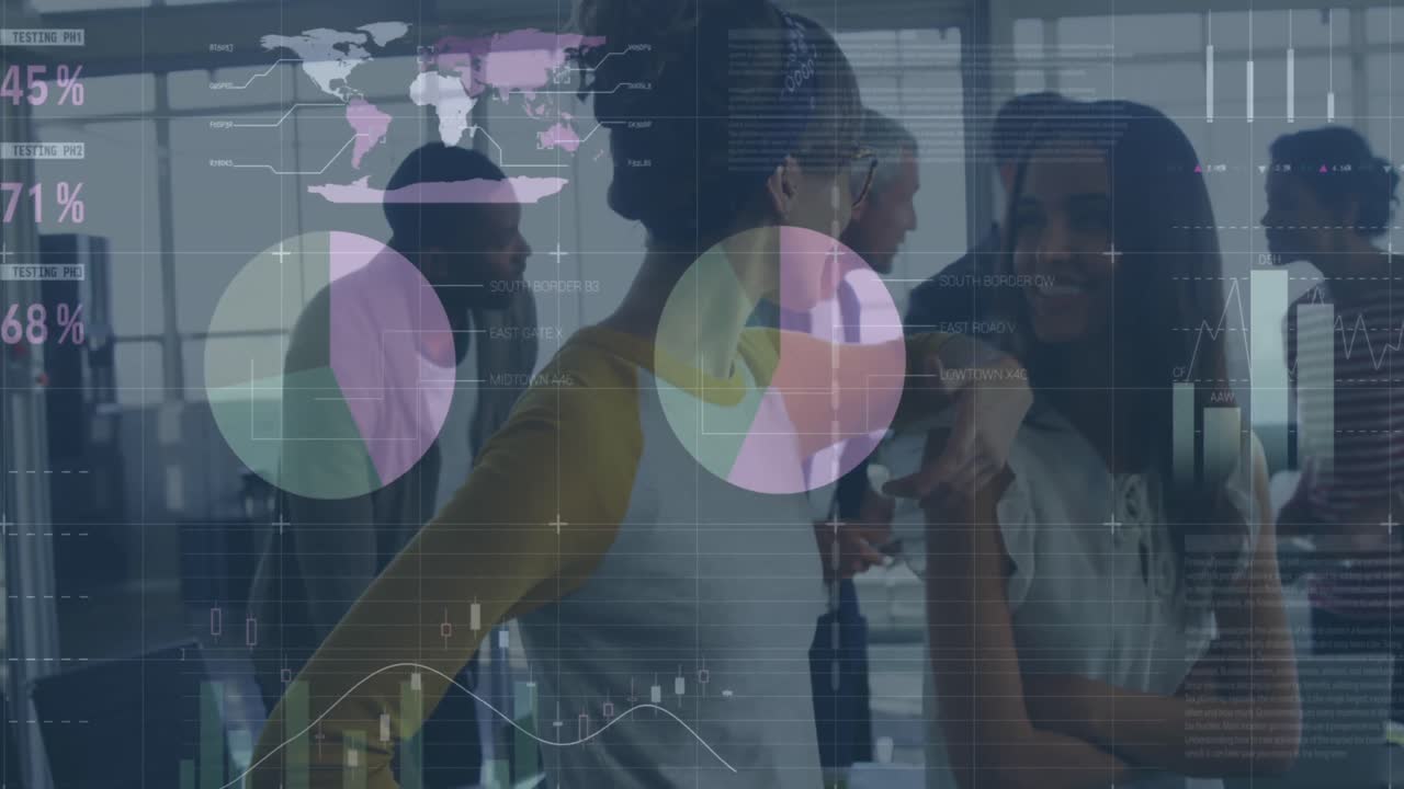 Animation of financial data processing over business people