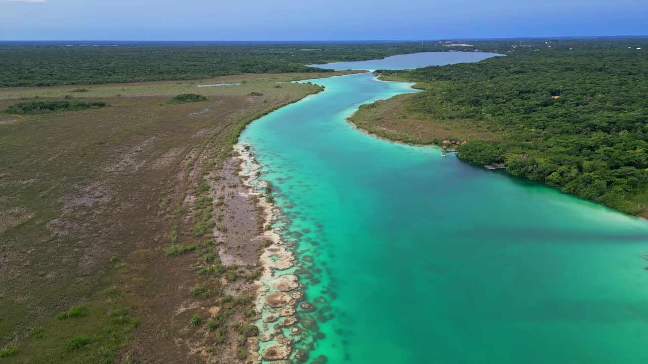 Narrow Channel Of Los Rápidos In The Bacalar Lagoon In Quintana Roo, Mexico. Aerial Drone Shot