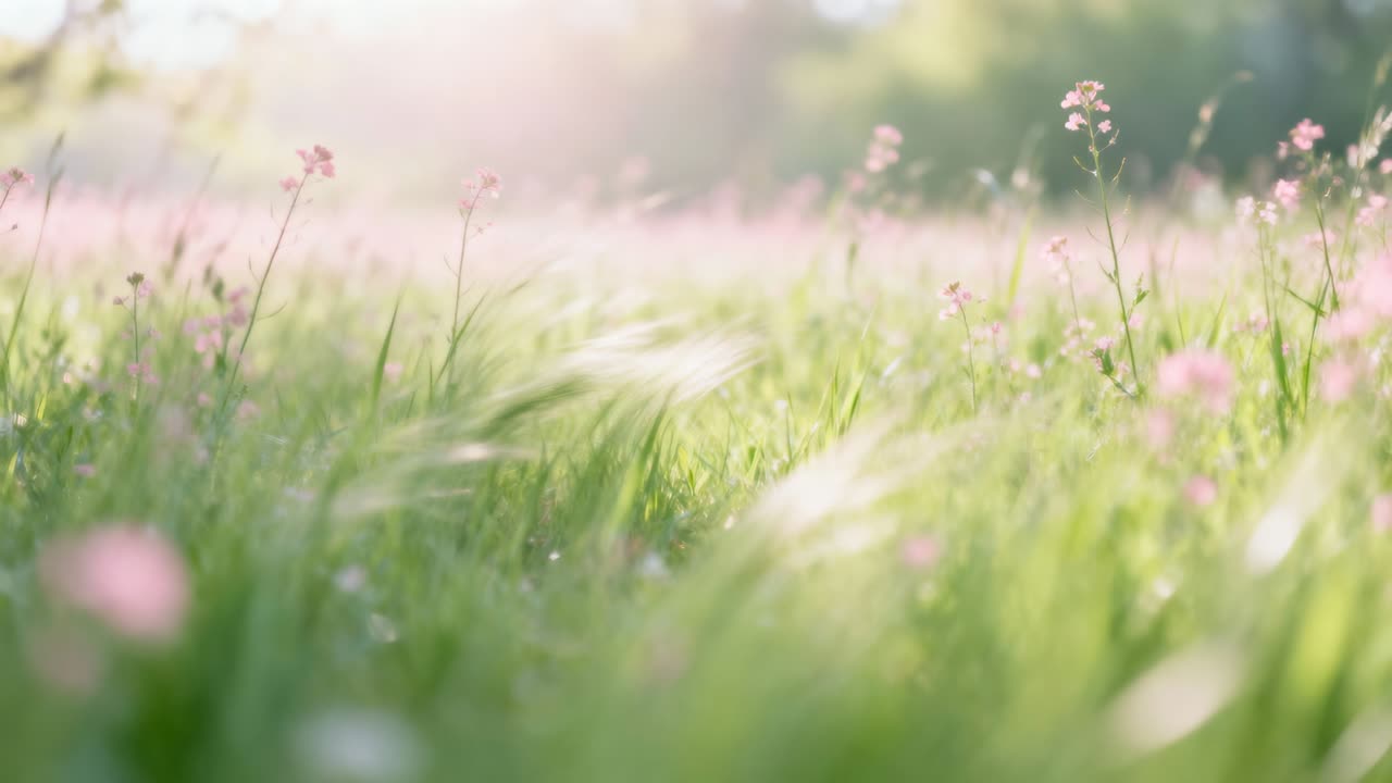 Hastes de grama balançando, flores rosas no prado contraluzadas pelo sol, uma brisa suave as movendo, e o orvalho cintilando.