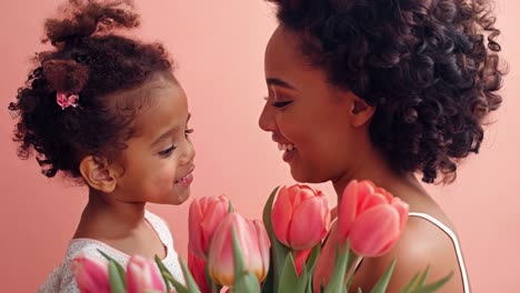 mother and daughter sharing a loving moment with pink tulips