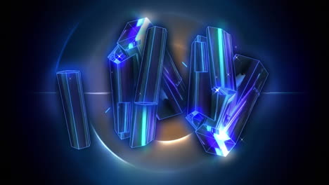 digital animation of blue crystals against orange spiral light trails on blue background