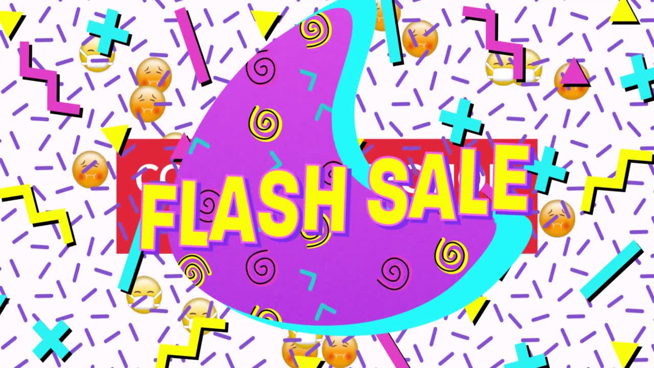 ⁇ 색 배경에 추상적인 다채로운 모양과 얼굴 이모티콘 위에 보라색 배너에 플래시 판매 텍스트