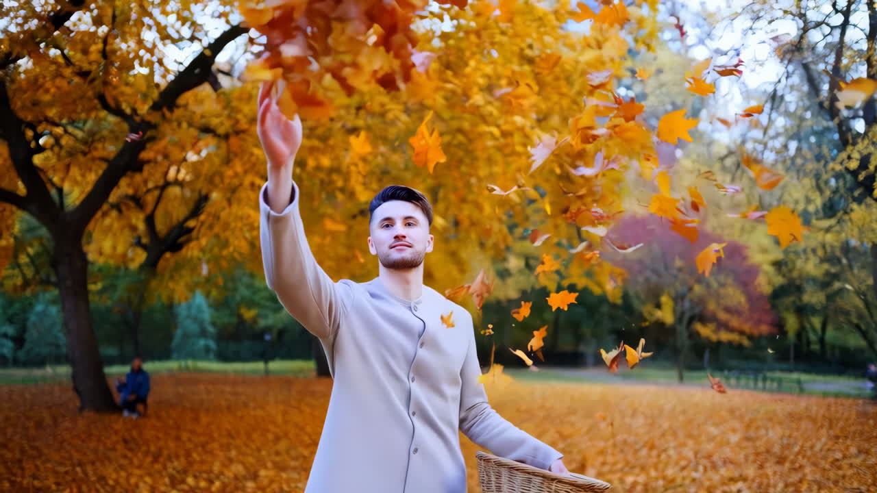 Man enjoying autumn leaves in a park
