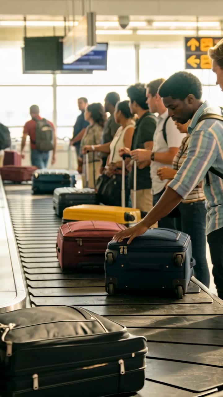 Vertical video: Travelers lining airport carousel grabbing arriving bags for pickup, arrows guiding