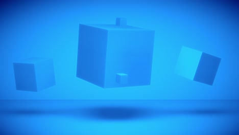 looping animation with three abstract blue cubes floating in the air, casting shadows on the blue floor, while a group of smaller cubes slides around a central cube