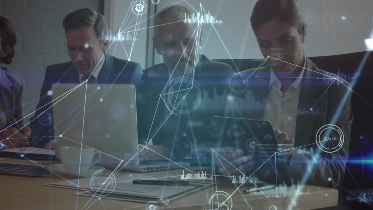 Business Team Collaborating in Office with Digital Data Overlay