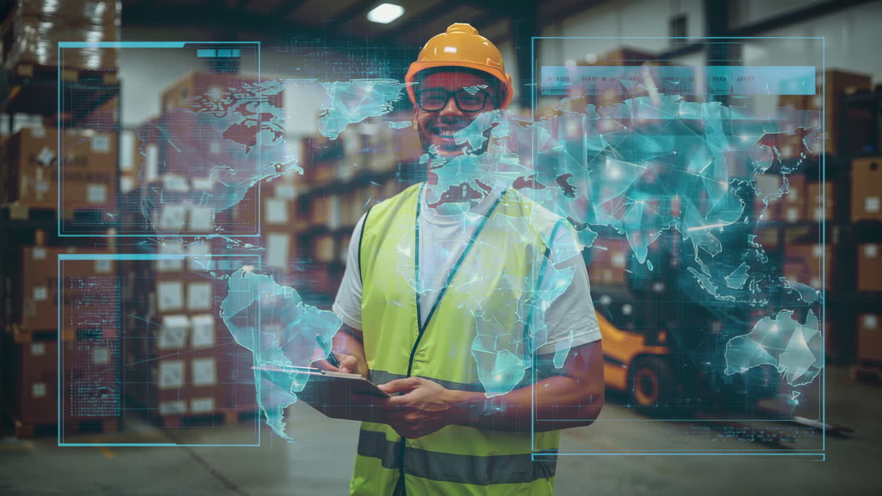 Man in warehouse with global logistics technology overlay