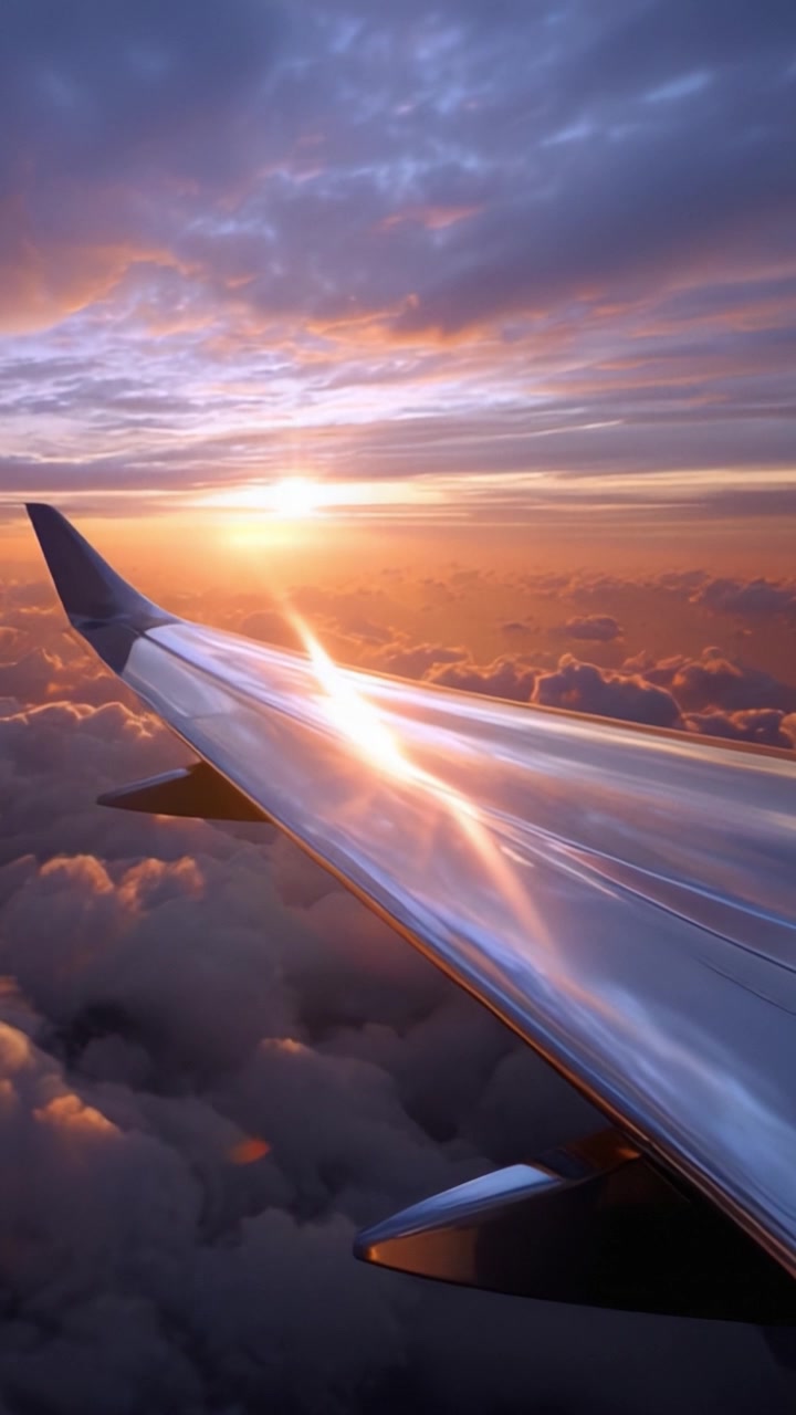 Solnedgang i den gylne time reflektert på flyvinge over skyene