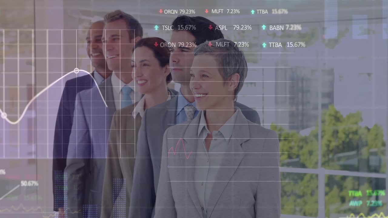 Animation of trading boards and graphs over diverse coworkers smiling and standing in office