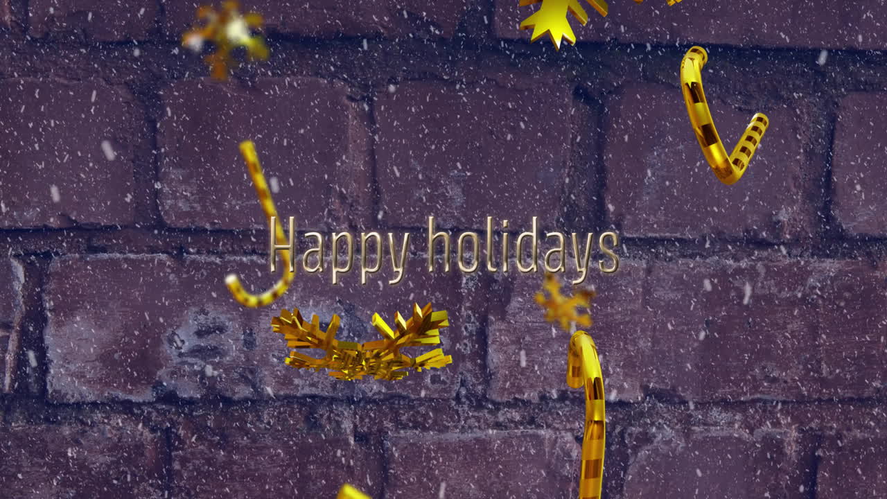 animación de texto feliz de vacaciones sobre nieve, copos de nieve dorados y bastones de caramelo contra la pared