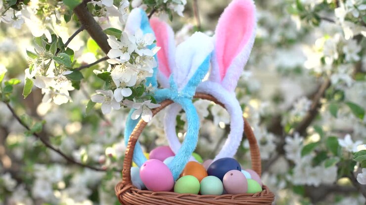 painted Easter eggs in basket on grass. Traditional decoration in sun light