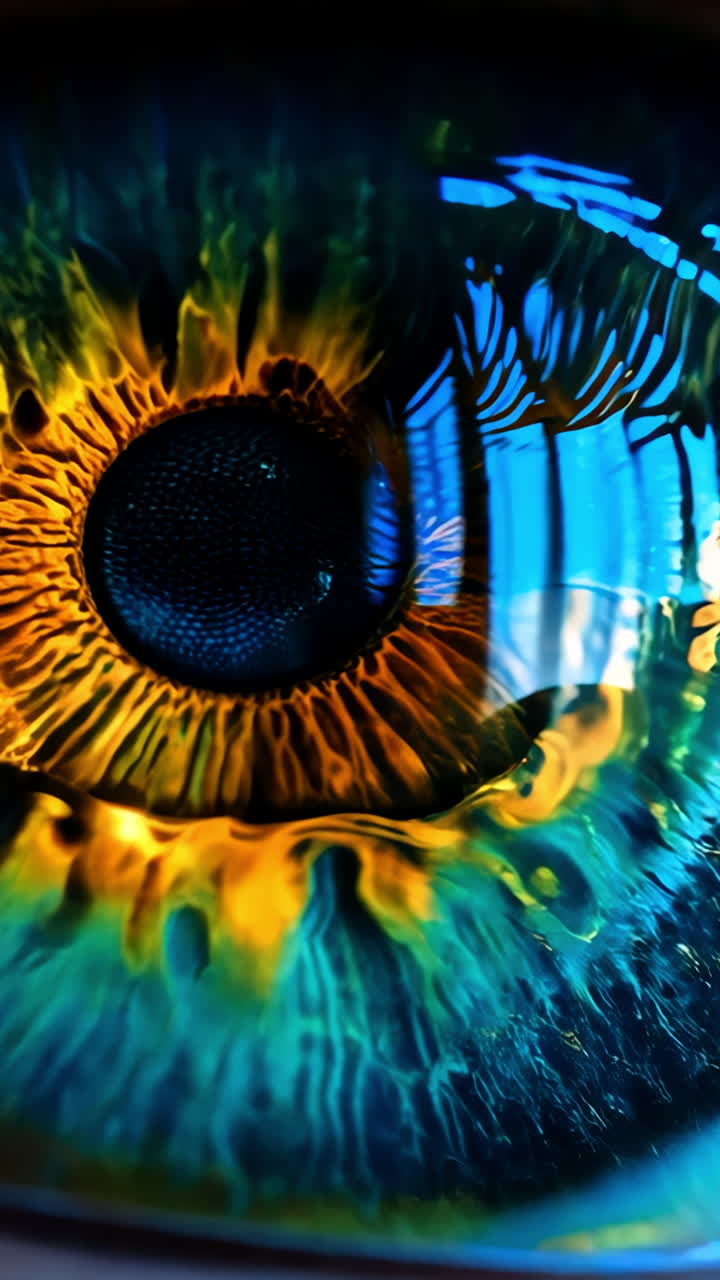 A woman's eye is shown with a blue iris and a yellow iris. The eye is surrounded by a blue and yellow halo
