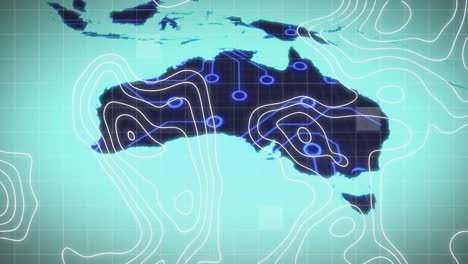 Animation-of-topography-and-microprocessor-connections-over-world-map-against-blue-background