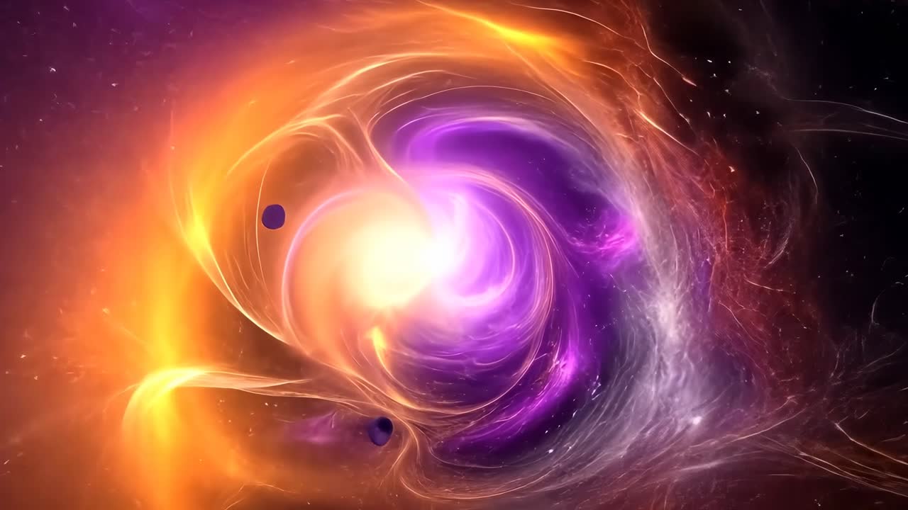 A cosmic vortex with swirling purple and orange hues, captured from a dynamic top-down angle