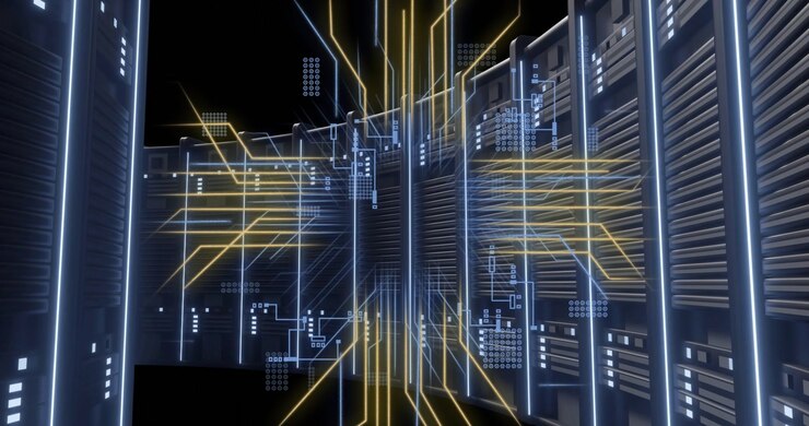 Animation of circuit board and digital data processing over computer servers