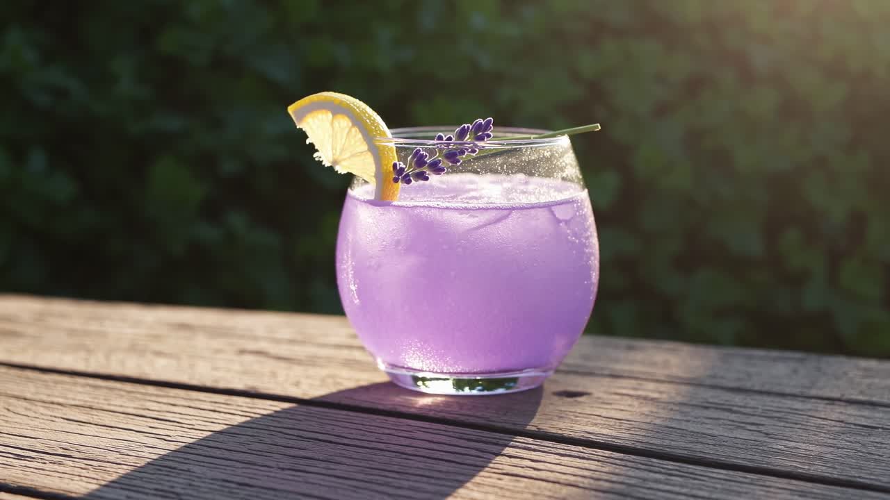 Vibrant purple lavender cocktail resting on a weathered wooden table, garnished with a lemon slice and fresh lavender, enhances a sunlit garden scene