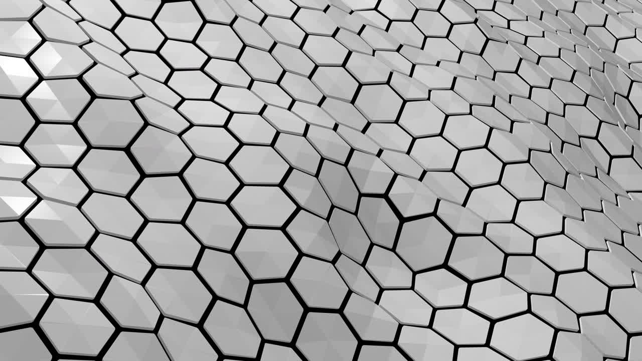 hexagonal blanco gris fondo mínimo. forma geométrica blanca colmena de panal ondas de bucle de movimiento. patrón de polígono de superficie. hexágonos abstractos fondo tecnológico futurista de ciencia ficción. bucle 4k 3d sin costuras.