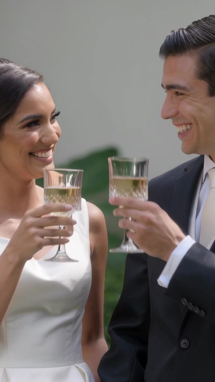 Vertical video: Lifting stemware at wedding, bride in gown and groom in suit clinking and sipping