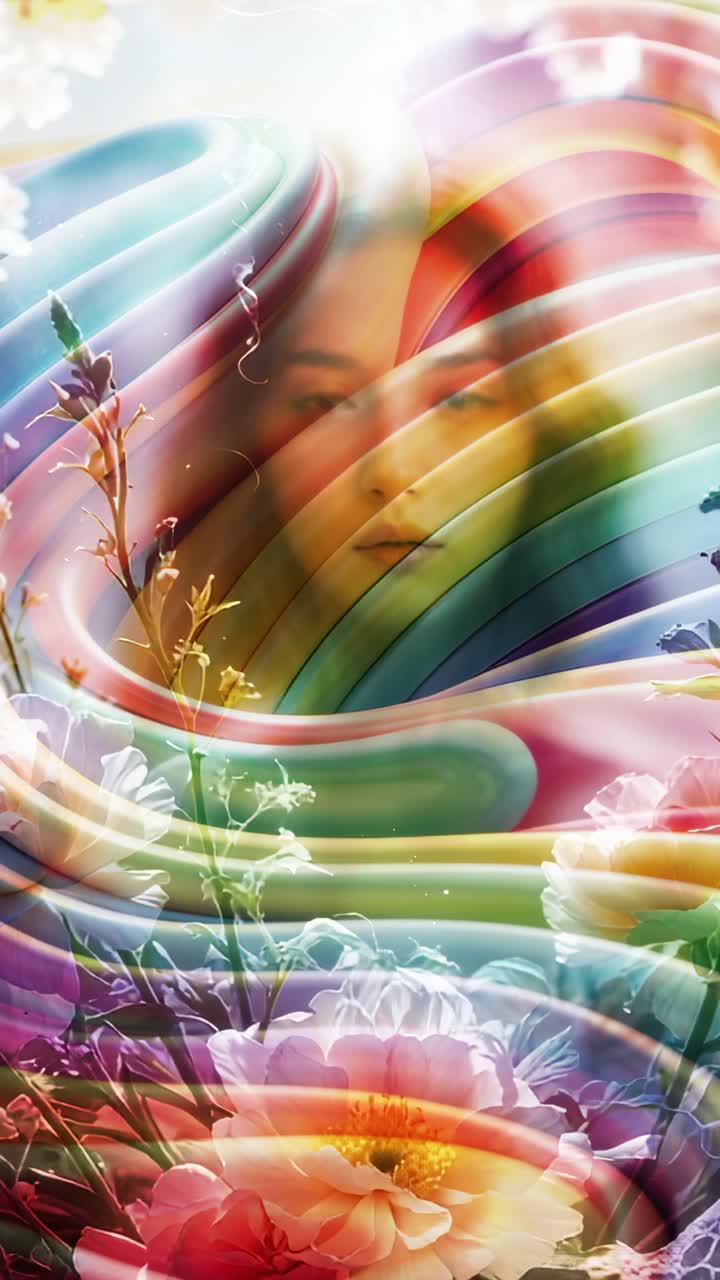 Vertical video: Swooping rainbow ribbons revealing woman's face in digital art with floral sparkles