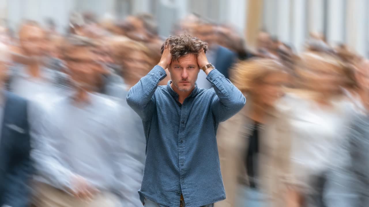 Feeling Overwhelmed: A Man Struggles to Find His Place in a Chaotic Crowd, Capturing the Essence of Isolation Amidst the Hectic Movement Surrounding Him