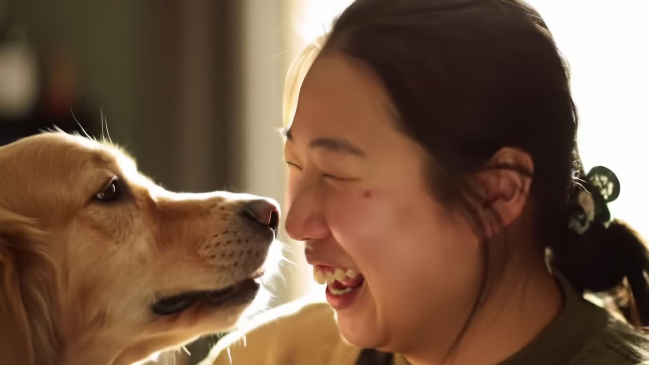 Woman Shares Joyful Moment With Her Friendly Dog in Cozy Indoor Setting