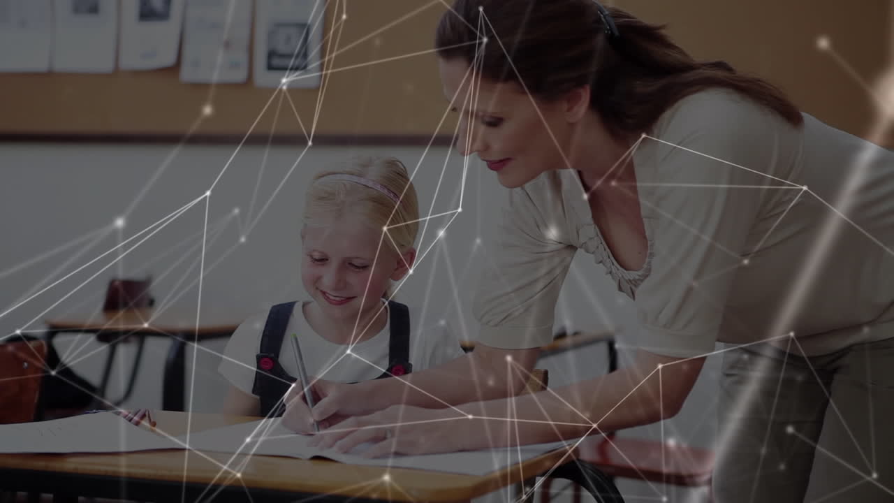 Animation of network of connections over female teacher and schoolgirl writing