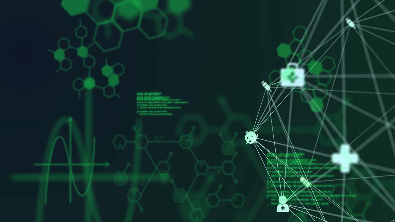 animación de la información y el procesamiento de datos con una red de iconos conectados en negro