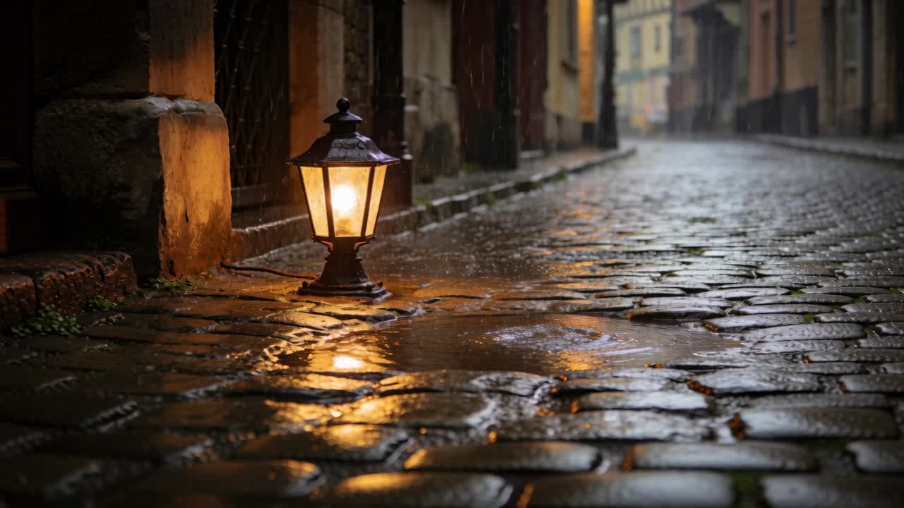 Lanterna luminosa che poggia su pietre bagnate in un vicolo, la telecamera si allontana rivelando increspature e spazio per il testo.