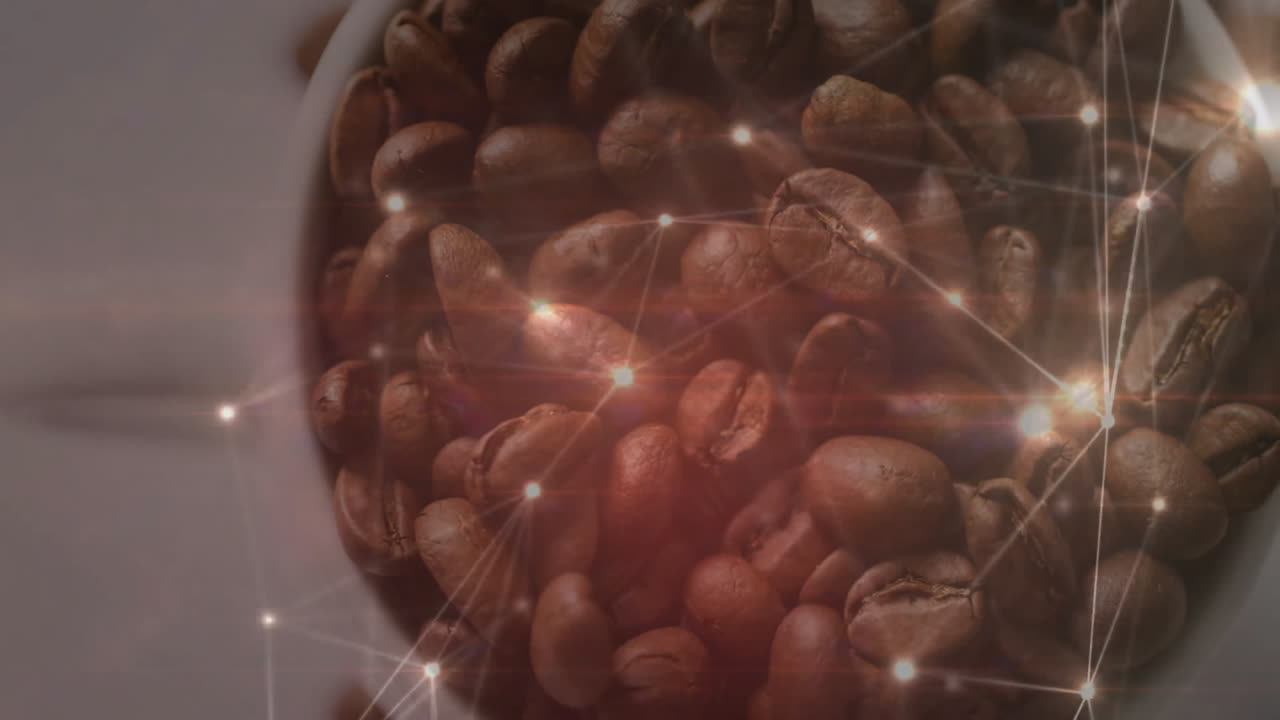 Roasted coffee beans being visualized in closeup macro showing glowing data nodes and light trails