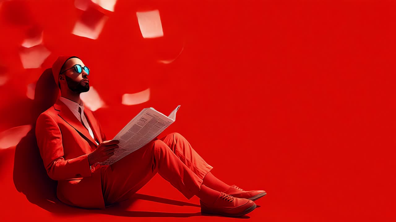 A Stylish Man in a Red Suit with Sunglasses, Relaxing While Reading a Newspaper Against a Bold Red Background, Creating a Striking Visual Contrast and Dynamic Composition