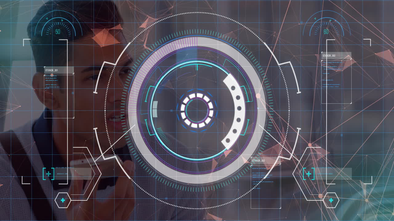 Man holding smartphone while projecting futuristic HUD graphics over technology workspace grid