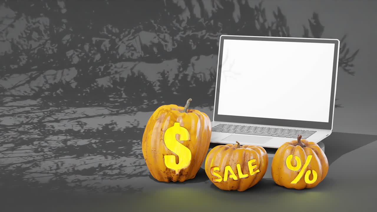 pancarta de ventas de tecnología de halloween, portátil con pantalla blanca, fondo gris oscuro con sombra de árbol