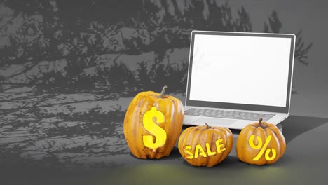 Banner-De-Ventas-De-Tecnología-De-Halloween,-Computadora-Portátil-Con-Pantalla-Blanca,-Fondo-Gris-Oscuro-Con-Sombra-De-árbol