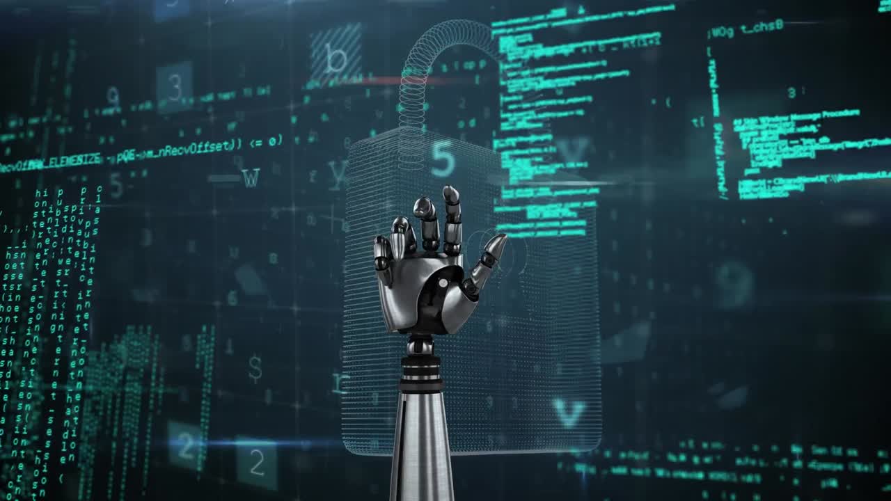 Animation of robotic arm over padlock and data processing