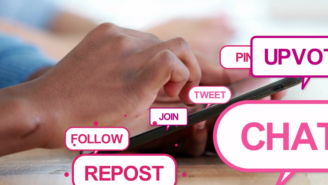 Primary hand tapping phone, starting FOLLOW JOIN CHAT badges sliding, growing, showing social reach