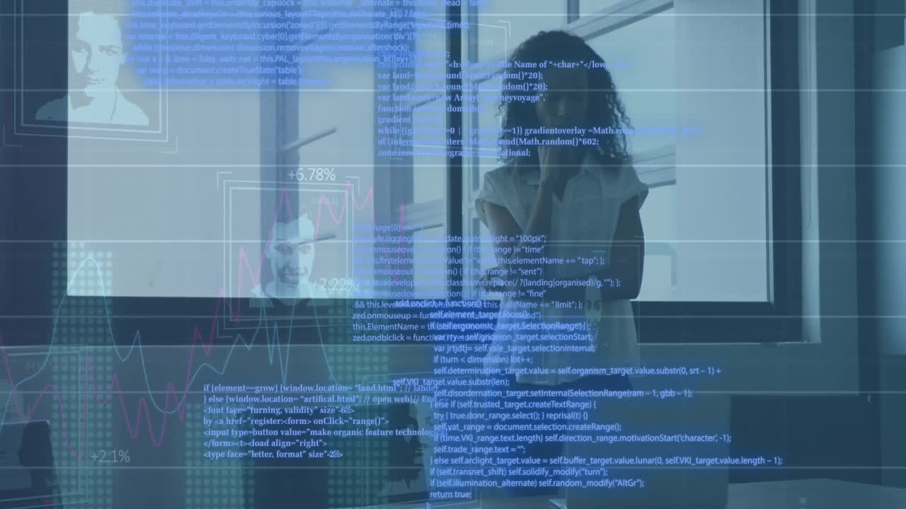 animación de procesamiento de datos con retratos sobre mujer de negocios afroamericana en la oficina