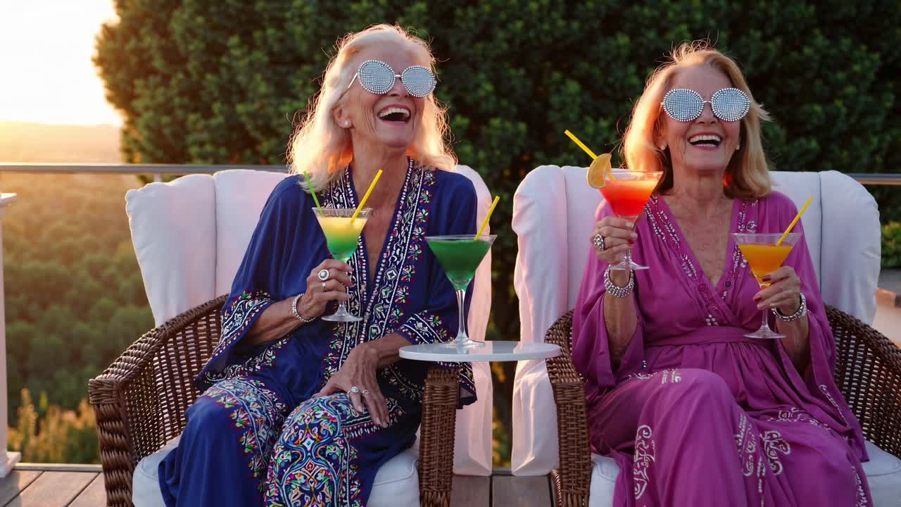 Two elegant senior women are enjoying a moment of relaxation, laughing and drinking colorful cocktails while sitting on comfortable chairs on a terrace during a beautiful sunset