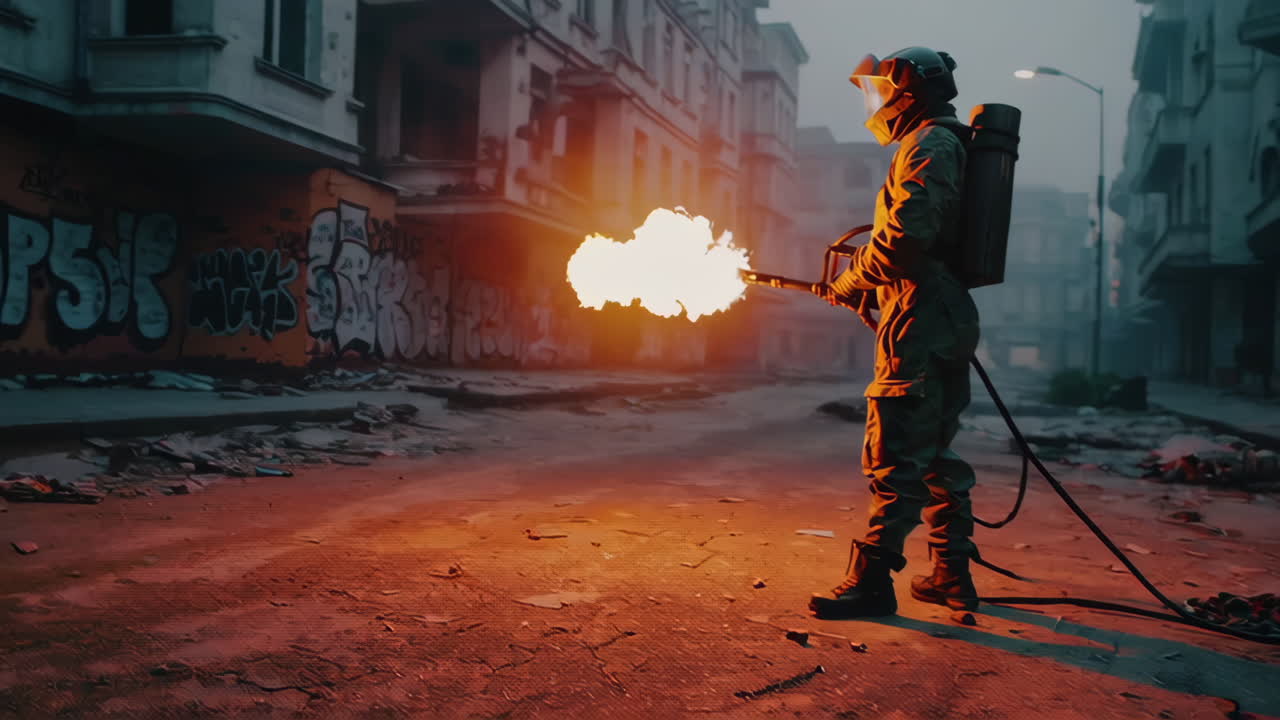 bombero en acción en una ciudad post-apocalíptica