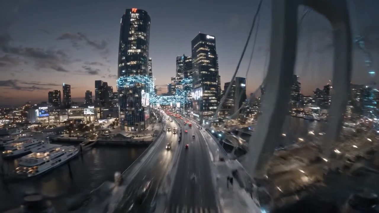 Aerial View of a Futuristic Urban Landscape with Dynamic City Lights and High-Tech Traffic Flow at Dusk, Highlighting Modern Architecture and Innovation