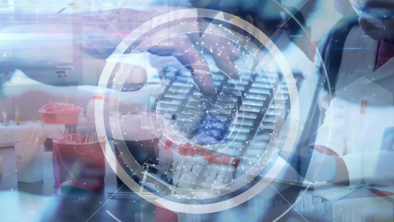 실험실의 과학자들과 컴퓨터 키보드에 입력하는 사람의 데이터 처리 애니메이션