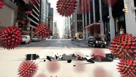 Animation-of-macro-Covid-19-cells-floating,-American-dollar-sign-breaking-over-a-cityscape.-