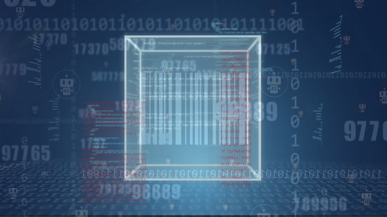 Animation of cube bar code and data processing over binary coding