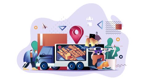 Delivey-truck-holding-courier-package,-carrying-container,-parcel-service,-location,-tracker-,-with-a-package,-shopping,-home-delivery-concept,-2d-animation,-explainer-video,-2d-Explainer-Animation