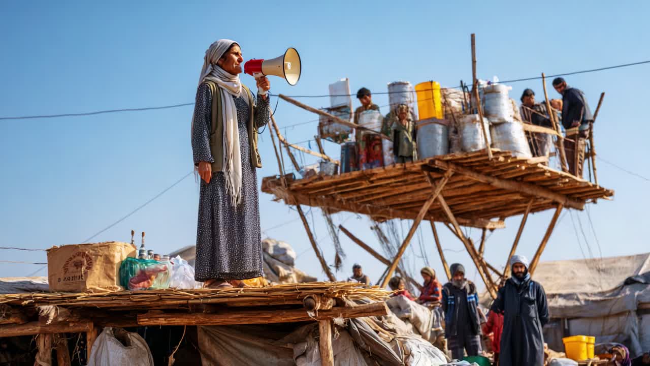 A determined woman rallies her community with a megaphone, standing atop a makeshift platform surrounded by people in an improvised settlement, fostering hope and unity among them