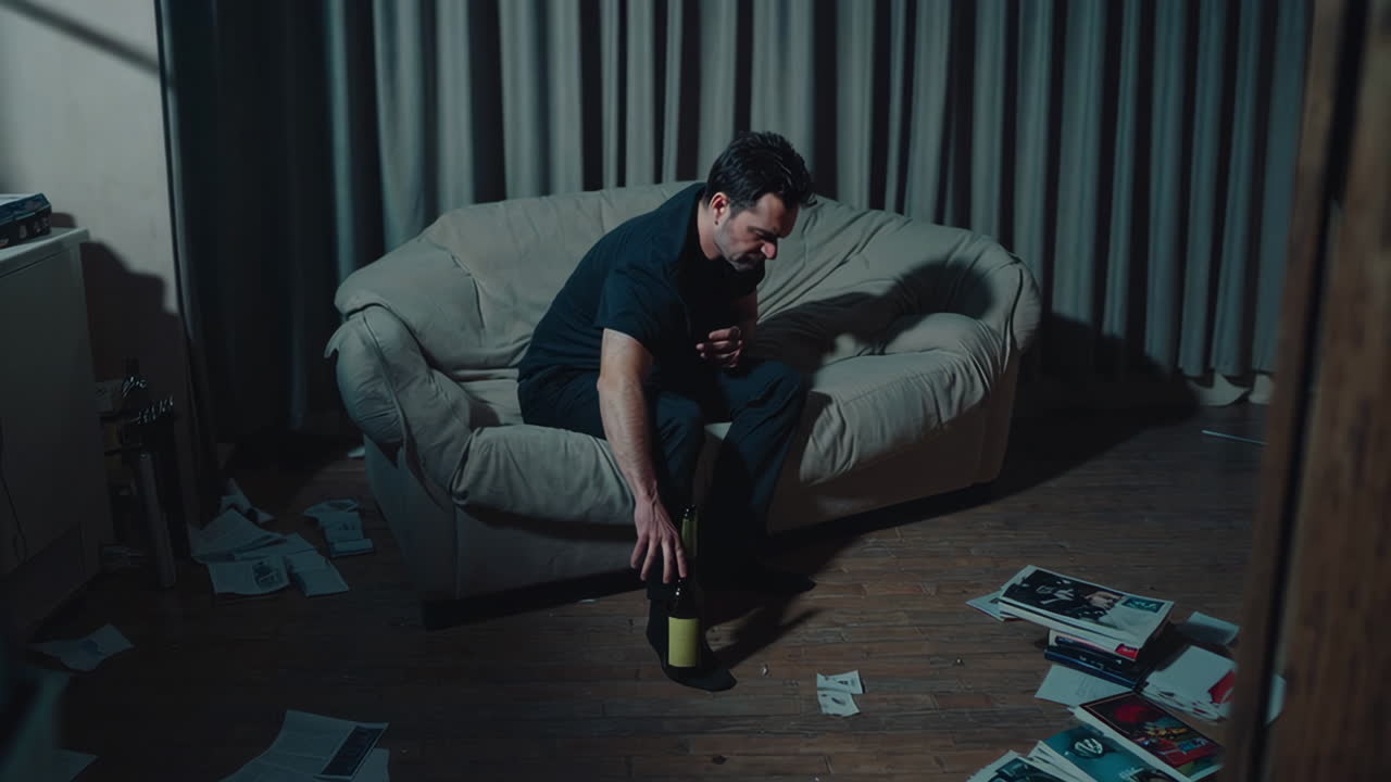 Man sitting alone on a sofa, drinking alcohol