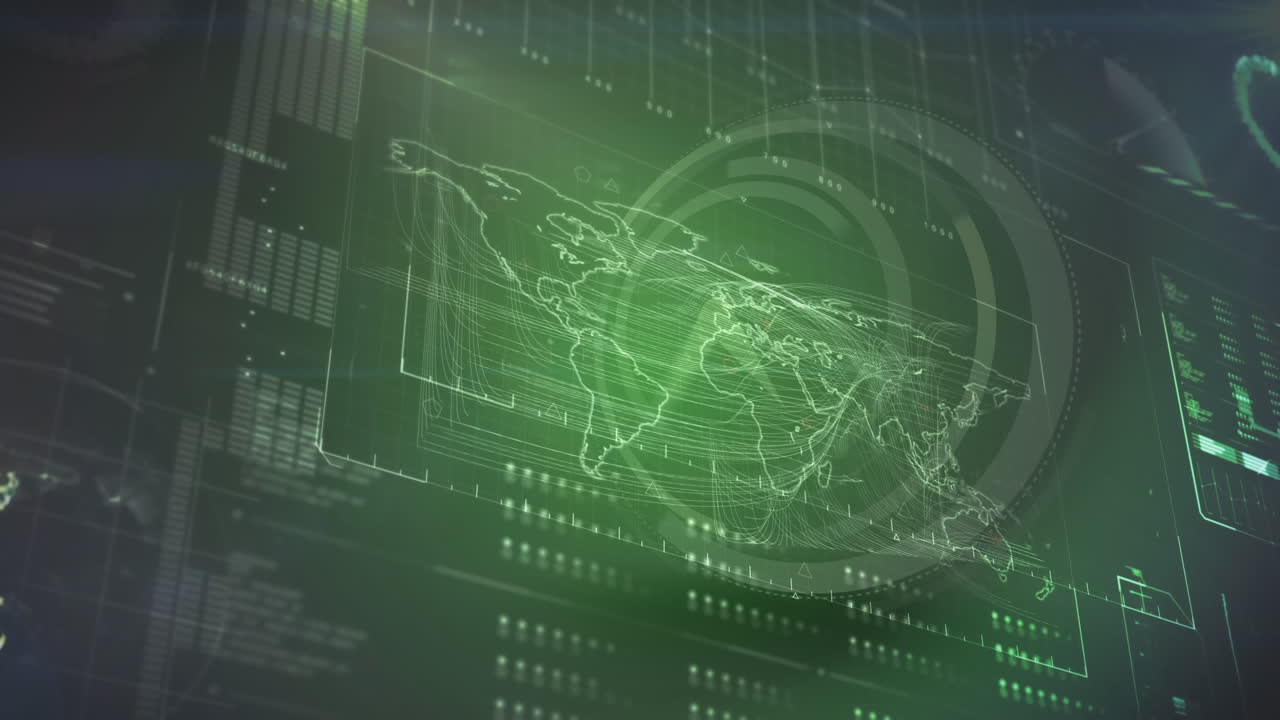 Animation of moving clock, diverse data and world map