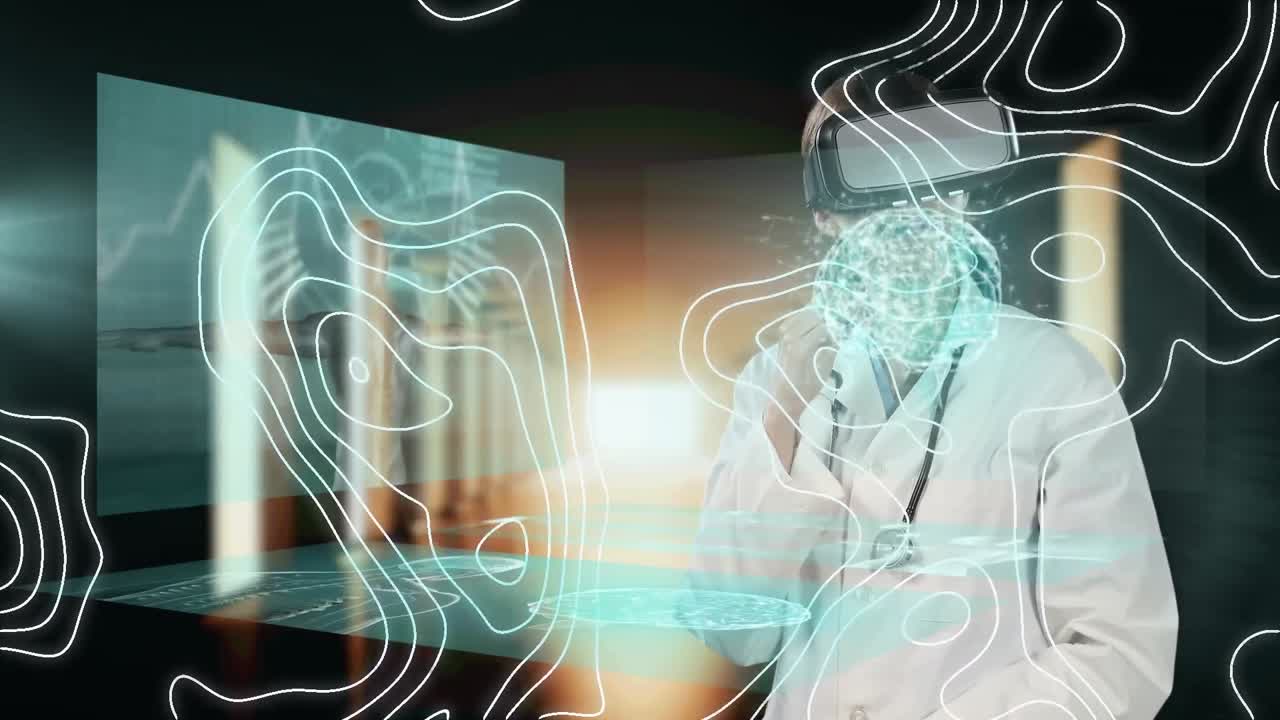 animación de líneas blancas sobre pantallas con procesamiento de datos y médico masculino con auriculares vr