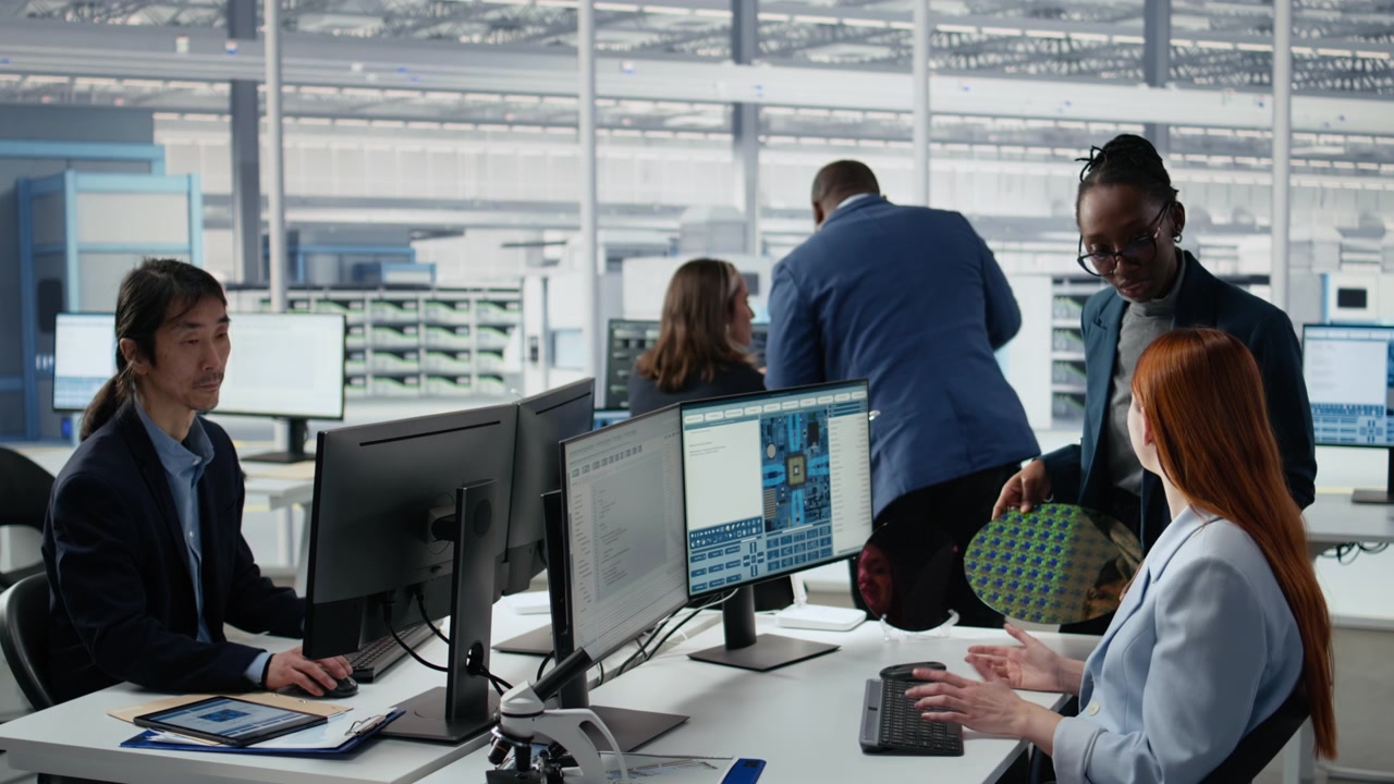 Women working together in office to examine semiconductor substrate
