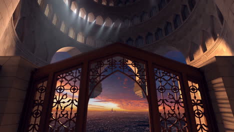 grand interior of an ornate domed building at sunset