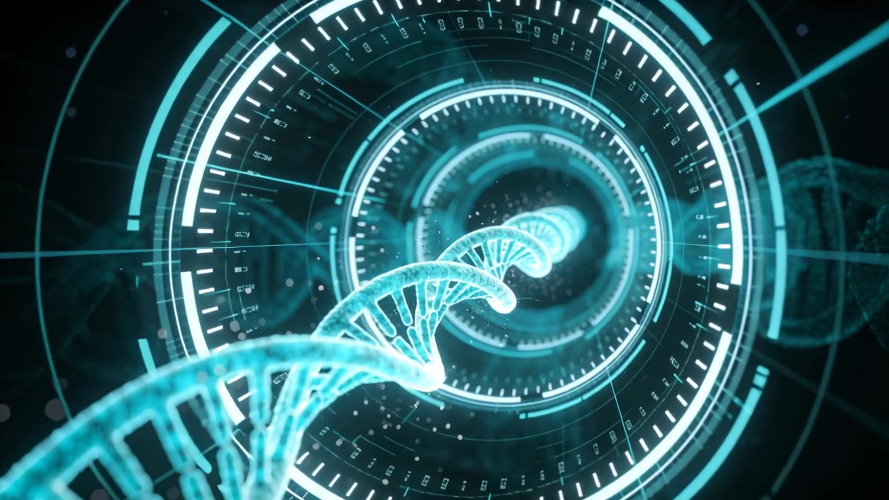 Entering lower left, cyan DNA helix spiraling in HUD tunnel toward center for scanning, pulsing